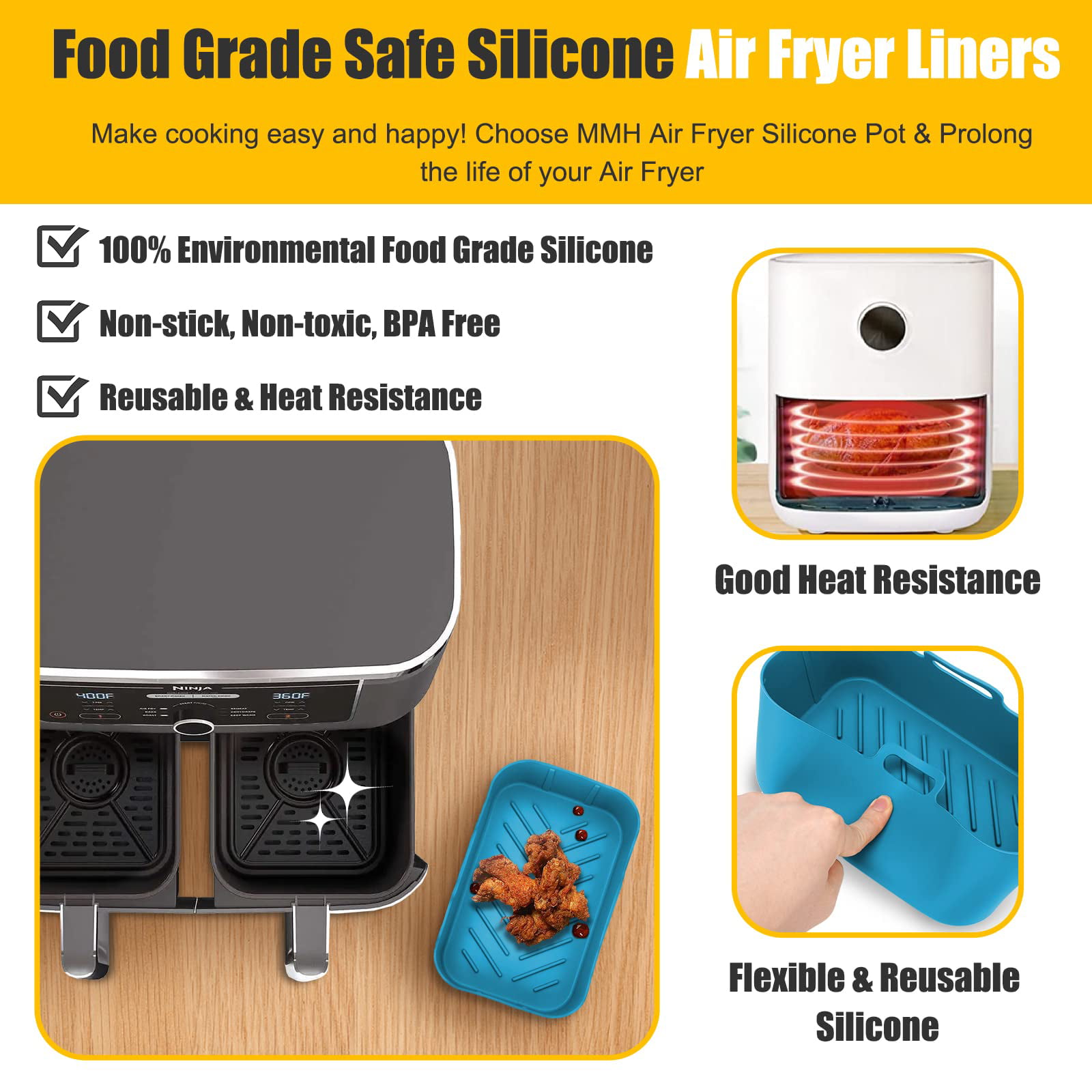 10qt Air Fryer Silicone Liners for Ninja,2Pcs Rectangular Airfryer Silicone Accessories Long Handle, Reusable Airfryer Pot Replacement Baking Tray
