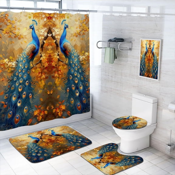 4 Pcs Blue Peacock Bathroom Shower Curtain Set with Rugs,Toilet Lid Cover, Bath Mat Colorful Feathers Golden Tree Butterfly Bathroom Decor Sets Accessories with 12 Hooks