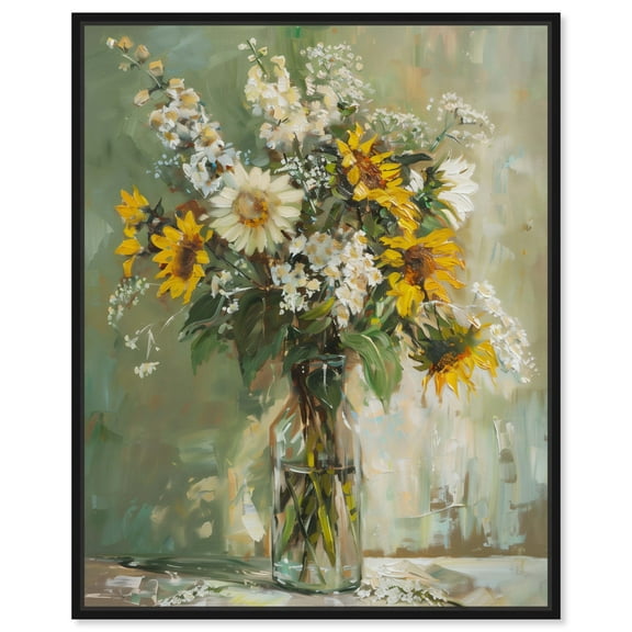 Sunflowers In A Glass Vase Canvas Vintage Farmhouse Wall Art by Art Remedy, Black Frame, 16" x 20"