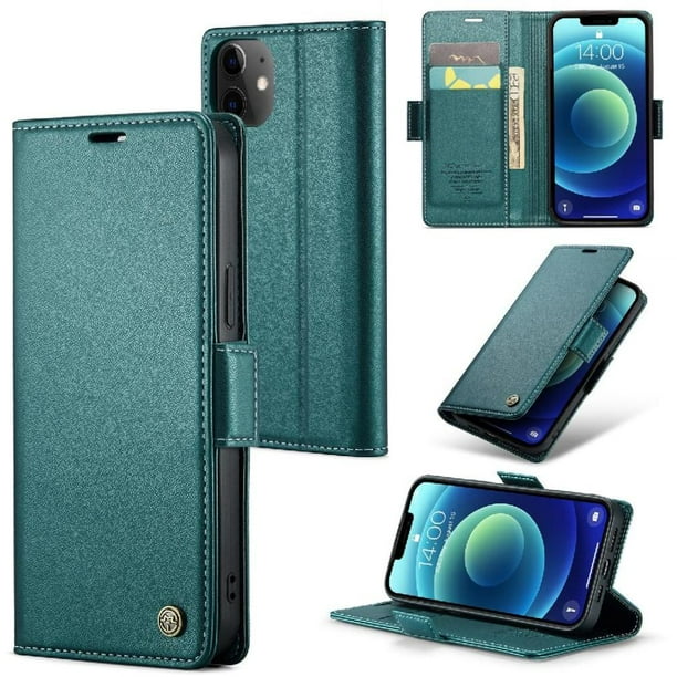 Funda tipo cartera iPhone 12 Mini con cierre magnético, RFID, tarjetero, soporte, carga inalámbrica