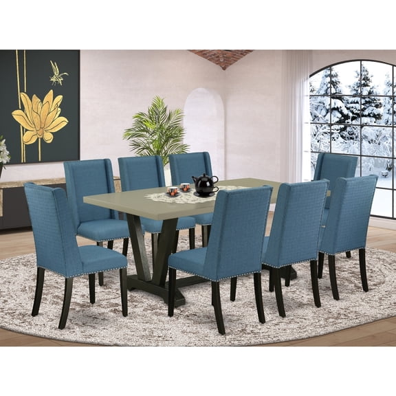 Boho Dining Set - 9 Piece TableChair Set - Modern Parsons Kitchen Table with 8 Chairs
