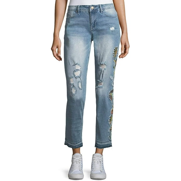 Nanette Lepore Embroidered Distressed Boyfriend Ankle Jeans, Flower Power Wash - 10