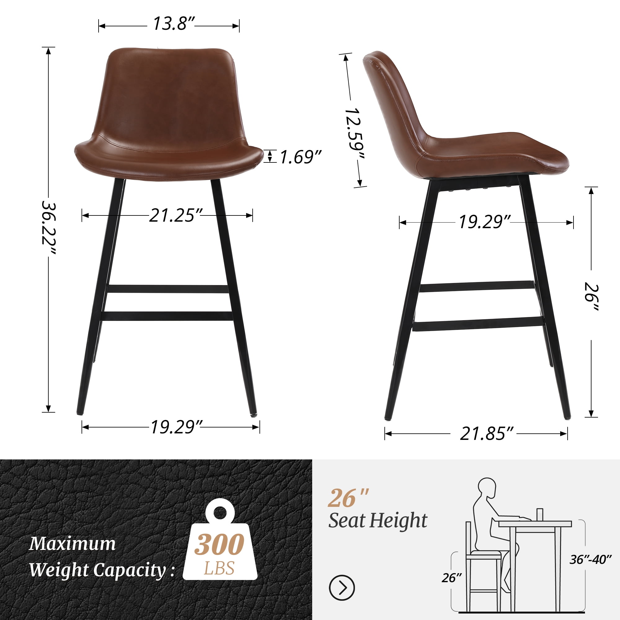 Dycanpo Modern Faux Leather 26 Inch,Counter Height Bar Stools Set of 4,for Home Kitchen, Dark Brown
