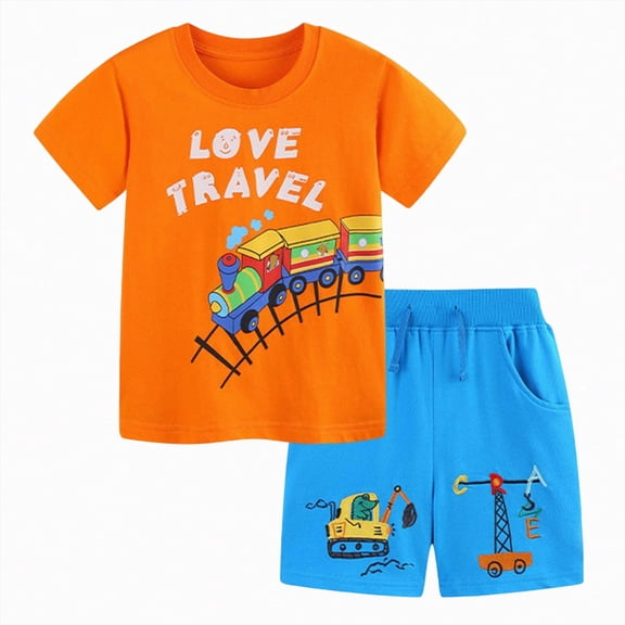 Kaprioy Boys Summer Outfits Baby Boy Summer Clothes Short Sleeve Love Travel Letter Tractor Print Shirt T-Shirt Tops Shorts Clothes Sets Baby Boy Outfits