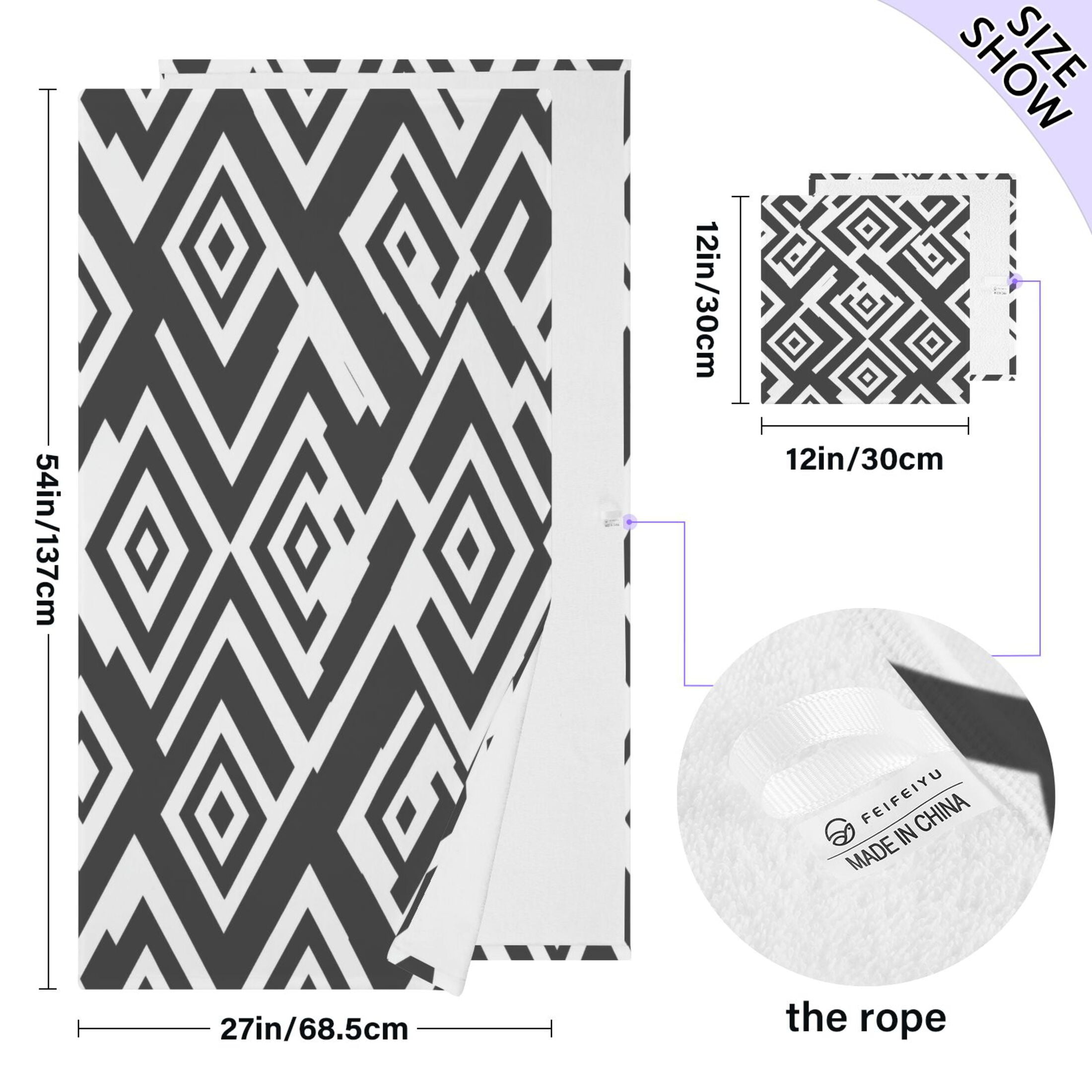 Black and White Texture 2 Piece Cotton Bath and Face Towel Set Soft and Absorbent, for Beach Pool Bathroom