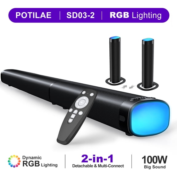 Sound Bar for Smart TV, 100W Bluetooth 5.3 Soundbar with RGB Lighting, 2-in-1 Detachable Sound Bar for TV, Surround Sound System for TV, Gaming Speaker