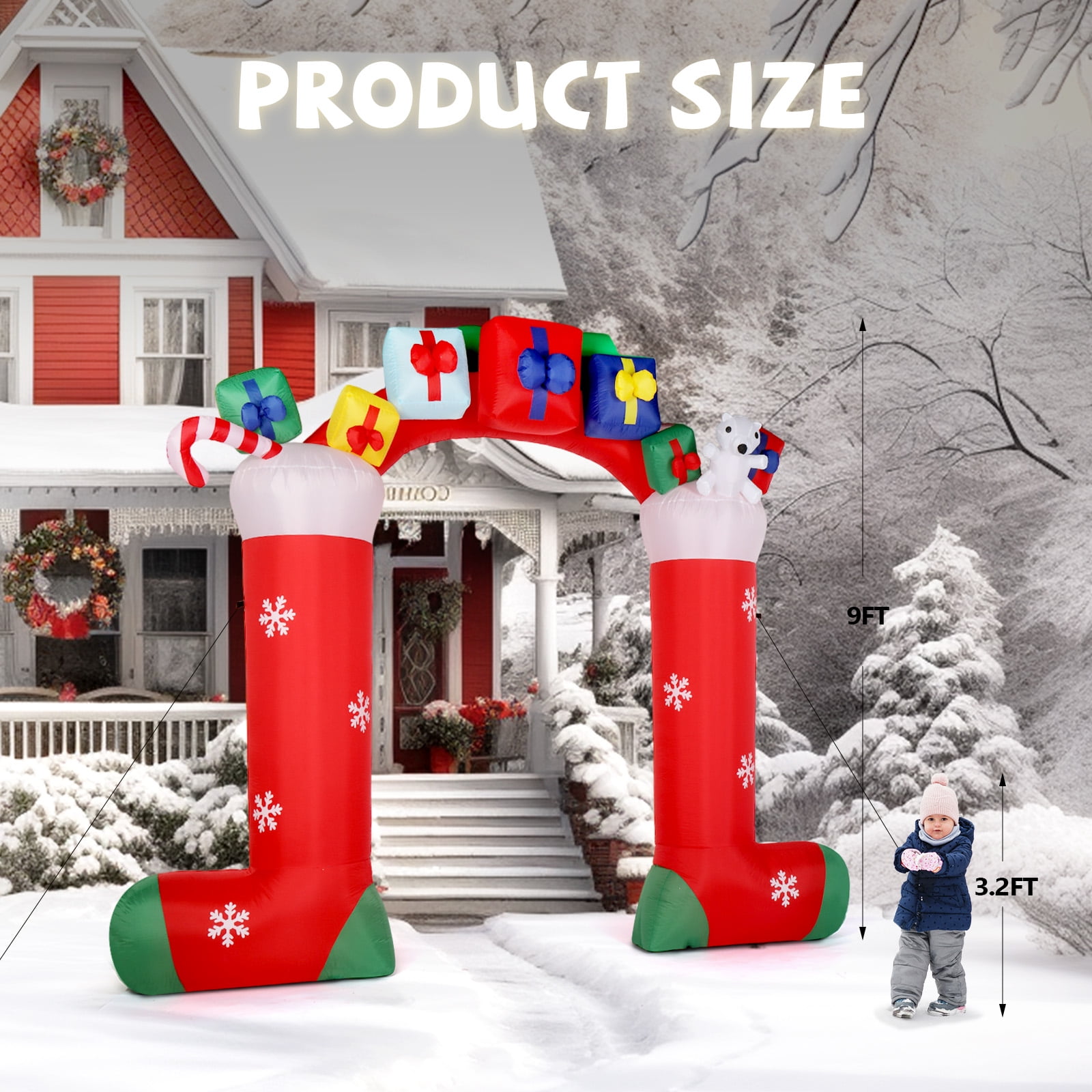 9ft Christmas Sock Arch Holiday Inflatable Decoration with 11 LED Lights