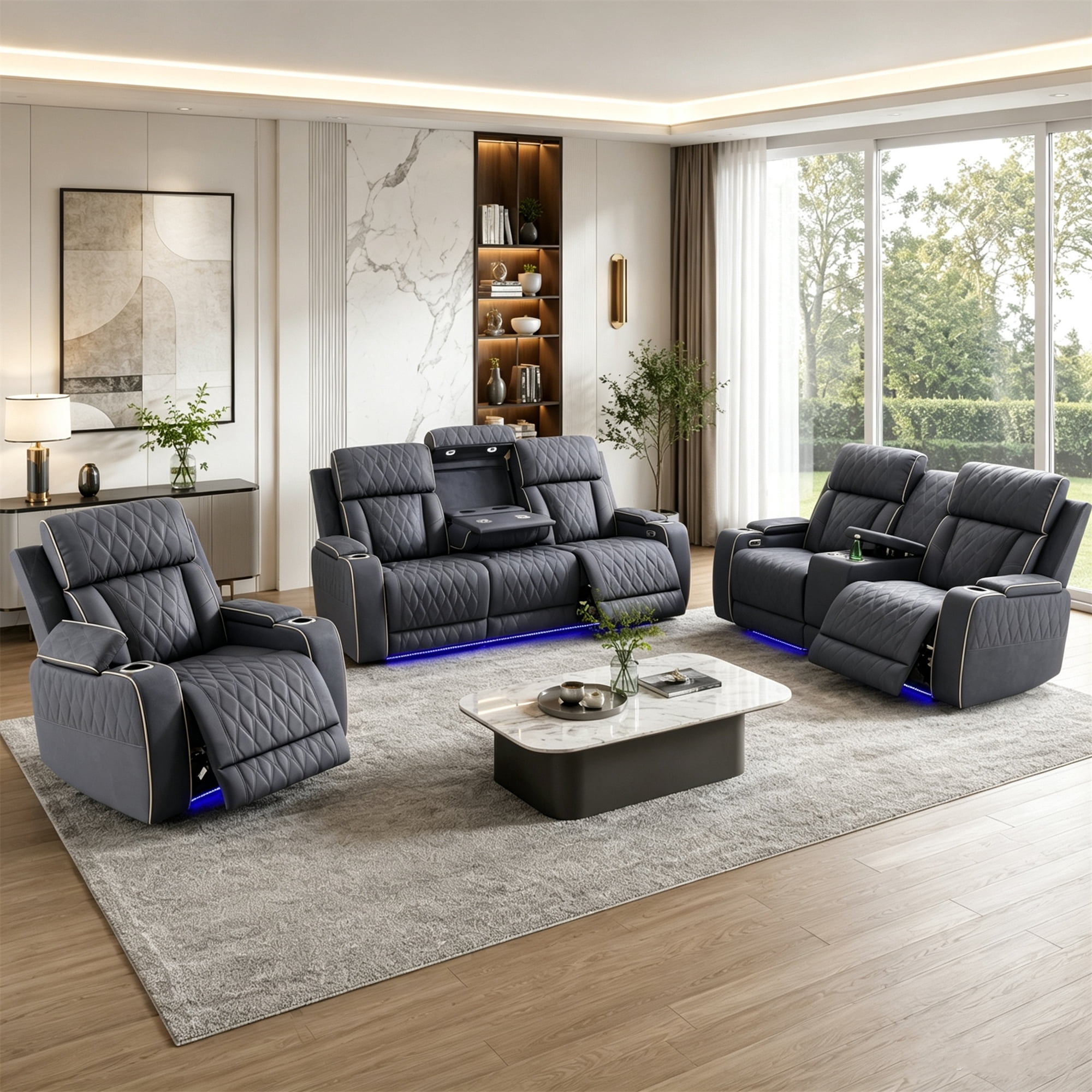 Aukfa Power Recliner Loveseat RV Sofa with USB, Cup Holders & LED Lighting, Storage Console, Home Theater Seating for Living Room, PU Leather, Blue Gray
