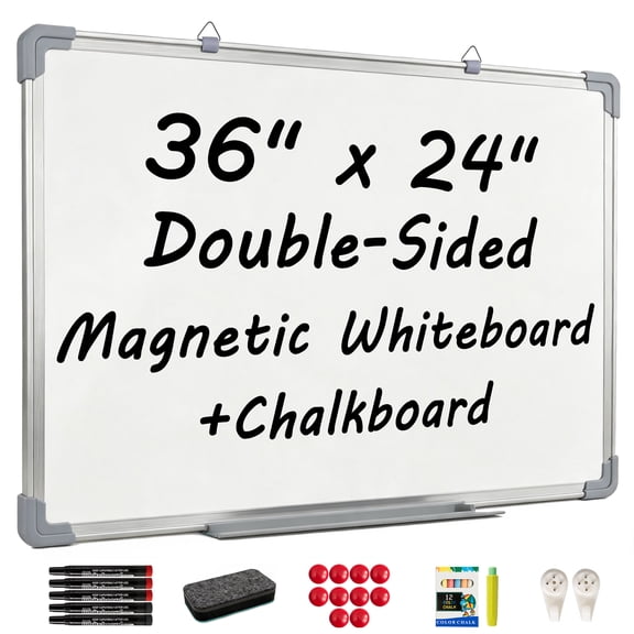 GARITIN Magnetic Dry Erase Whiteboard & Chalkboard, 36" x 24" Double Sided Wall Mounted Board with Markers & Eraser for Home Office School Kitchen