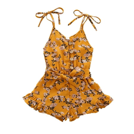 

QWERTYU Infant Baby Toddler Child Sleeveless Clothes Button Jumpsuit for Girl Summer Linen Floral Suspender Romper 6M-4Y