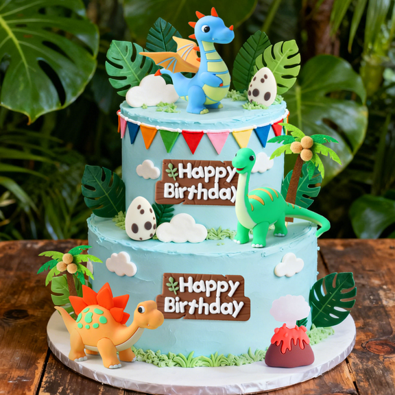 Dinosaur Cake Decorations Set - Cartoon Jurassic Theme Scene-Building Party Decor Kit with Figurines & Props