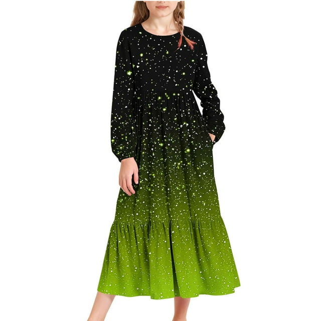 Yanlir Robe à Manches Longues à Col Rond pour Filles avec Poches Latérales, Imprimé Dégradé Mode, Robe Maxi Décontractée de Fête pour Enfants 4-15 Ans (Vert Menthe, 12-13 Ans)