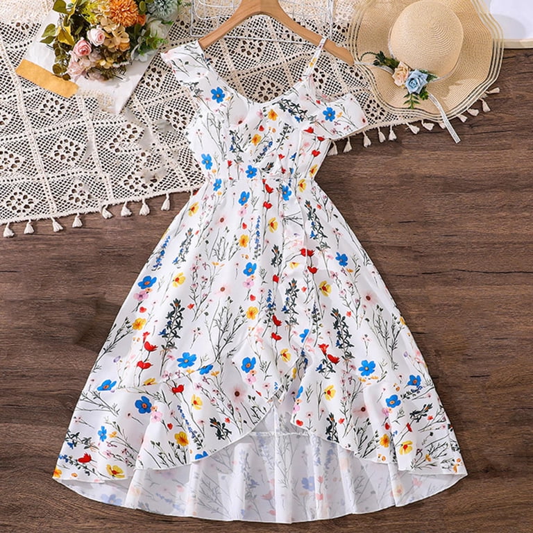 spaghetti strap floral pattern ruffles casual dress Bxsruta Girls Summer Tiered Ruffle Dress Spaghetti Straps Bow  Waist-Cinching Floral Print A-Line Casual Maxi