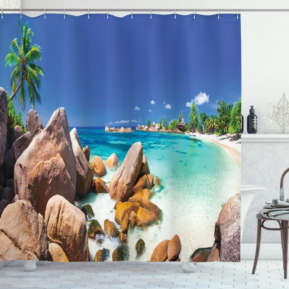 Scenic Summer Shower Curtain, Seychelles Islands Panoramic Coastal Photo with Palms and Rocks, Fabric Bathroom Set with Hooks, 69W X 70L Inches, Persian Blue Multicolor, by Ambesonne