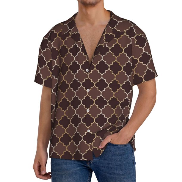 Fotbe Brown Gold Grid Camisa Estampada de Manga Corta para Hombre, Casual de Verano, Estilo Playero, Sin Arrugas-Medium