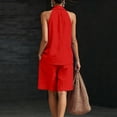 thumbnail image 6 of Qwertyu Linen Short Sets for Women 2 Piece Outfits V Neck Halter Tank Tops Knee Length Bermuda Shorts Beach Loungewear Set Red L, 6 of 6