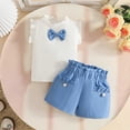 thumbnail image 4 of Xudanell Baby Girl First Birthday Outfit Sleeveless Knitted Bow Top Matching Shorts Set with Double Pocket Summer Sky Blue 3 Years, 4 of 9