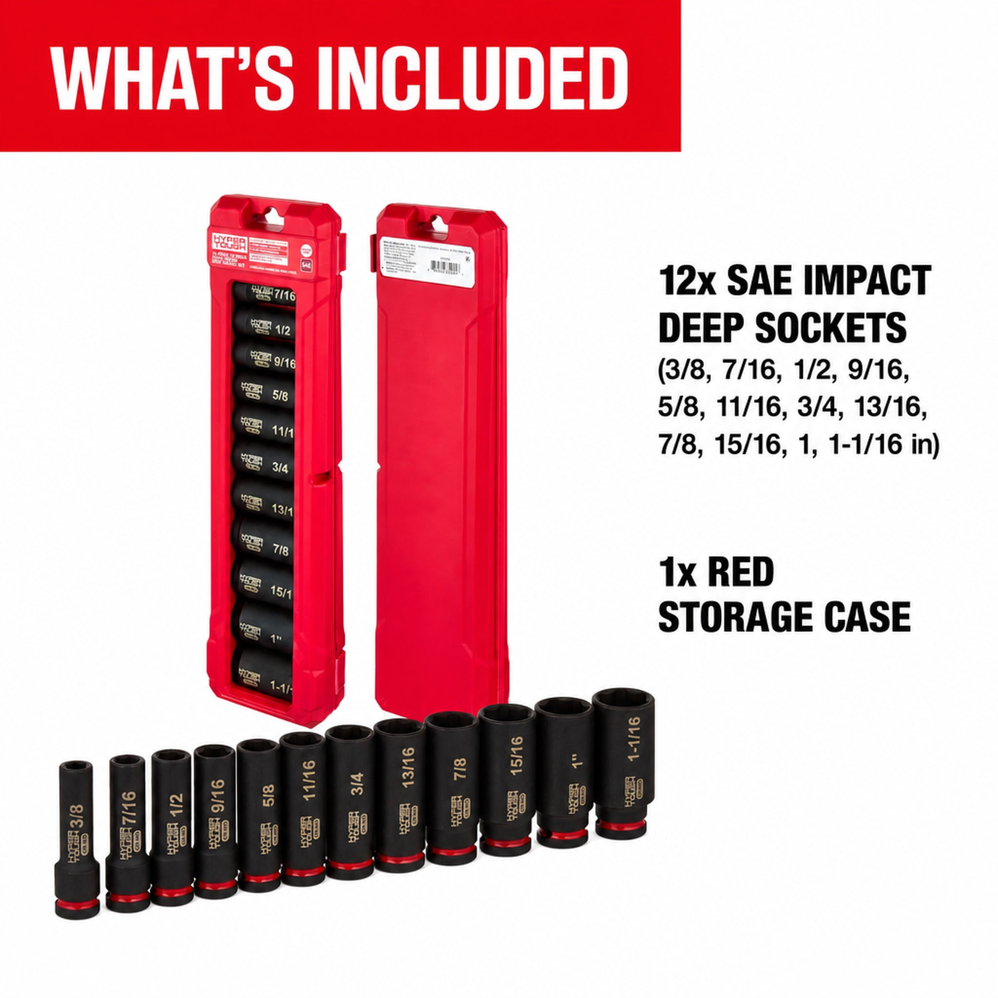 Hyper Tough 1/2-Inch Drive Impact Deep Socket Set, SAE, 12 Pieces