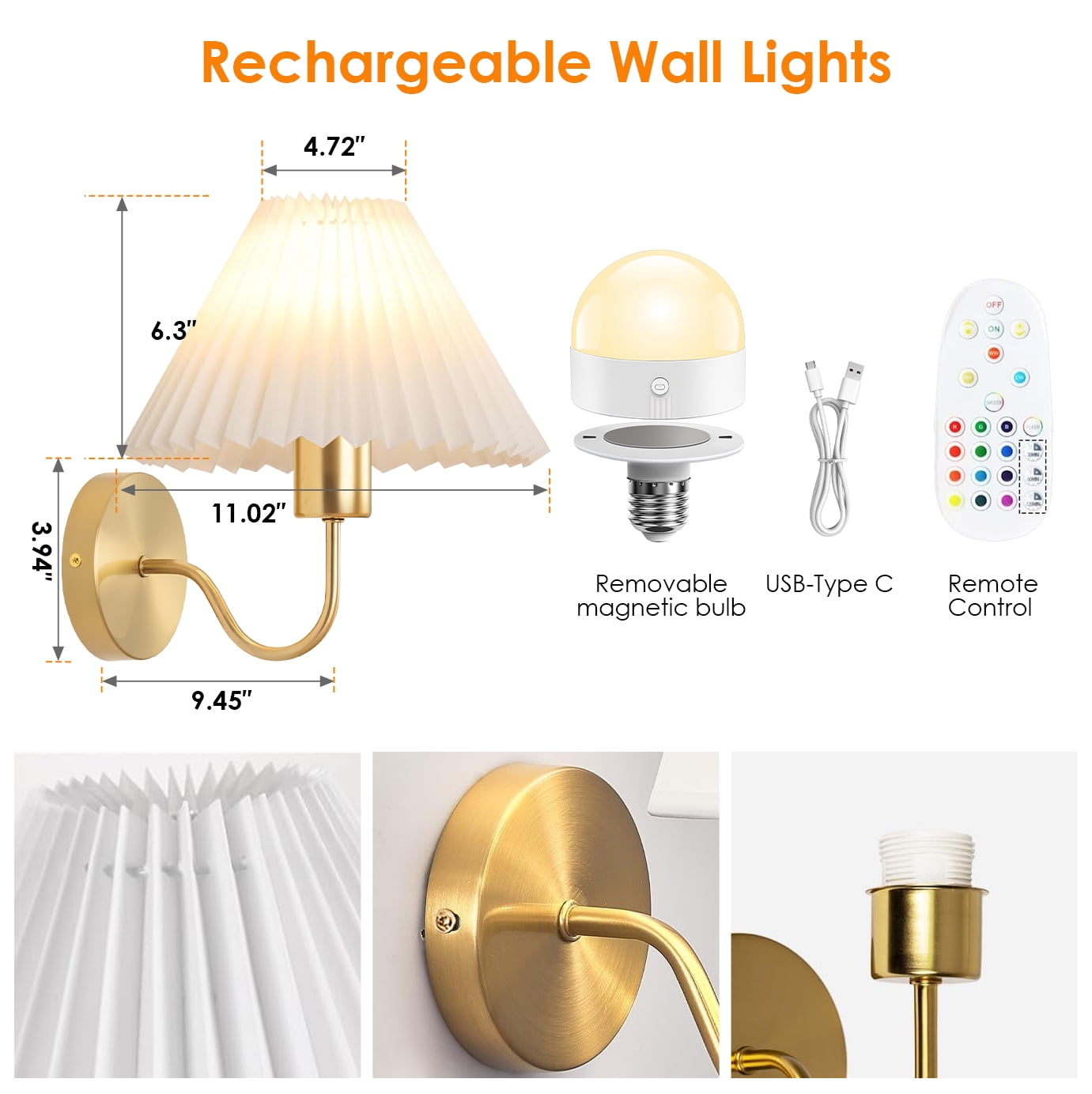 DAYBETTER Battery Operated Wall Sconces Set of 2, Cordless Rechargeable 3 Color Tems & RGB Warm Lamp, Dimmable Remote Night Light for Bedroom