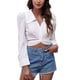 thumbnail image 1 of Puff Top corto de manga larga Color puro Casual Mujer Twist Front Tie Back Blusa para uso diario Blanco XL, 1 of 6