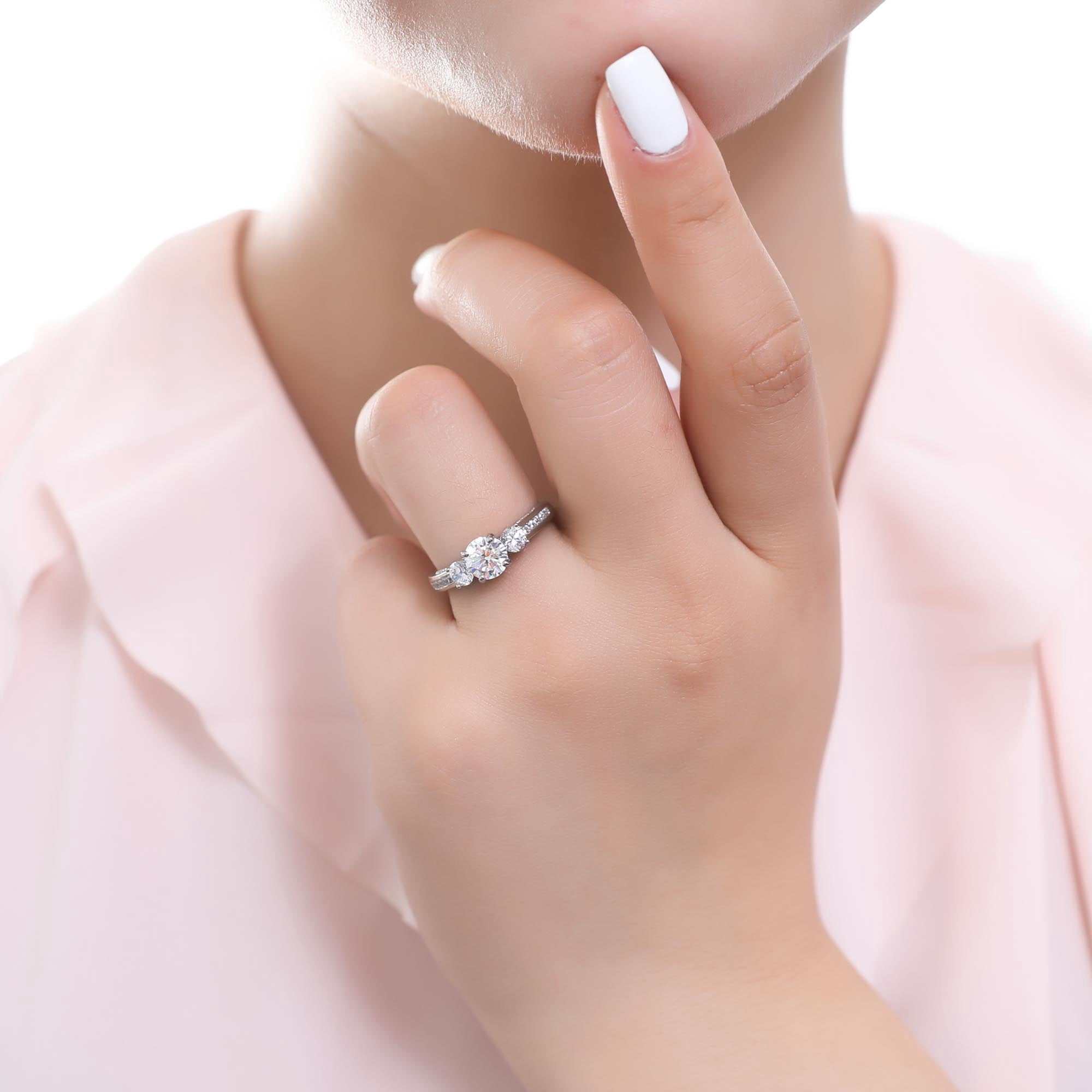 BERRICLE Sterling Silver 3-Stone Wedding Engagement Rings 1 Carat Round Cut Cubic Zirconia CZ Promise Ring for Women, Rhodium Plated Size 4.5