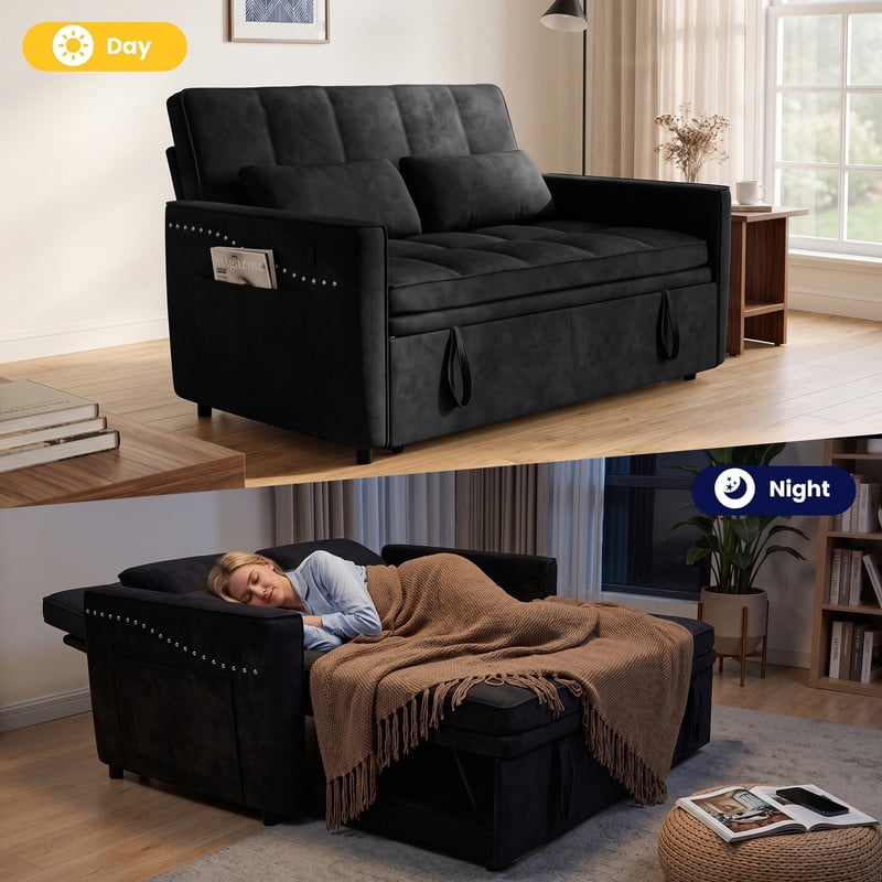 Anpport 54" 3‑in‑1 Convertible Sofa Bed, Sleeper Couch with USB Charging Port, Nailhead Trim & Throw Pillows, Loveseat for Living Room Apartment Small Space, Black