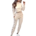 thumbnail image 3 of DDAPJ pyju Women 2 Piece Outfits Solid Sweatsuits Sets Long Sleeve Crop Top Jogger Sweatpants Casual Tracksuits Set Beige XXXL, 3 of 7