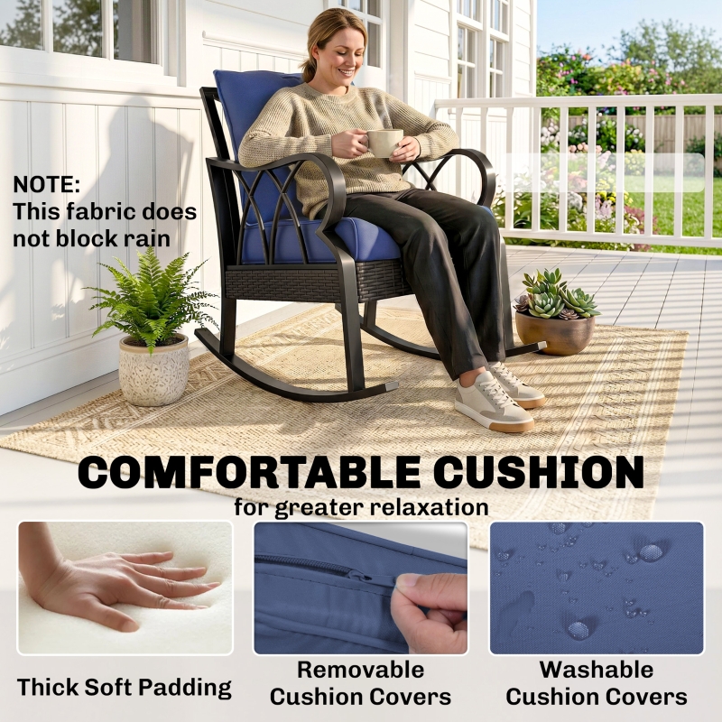 HOQBN 2-Piece Outdoor Wicker Rocking Chairs, Rattan Porch Rockers with Cushions, Aluminum Frame for Garden, Patio, Blue