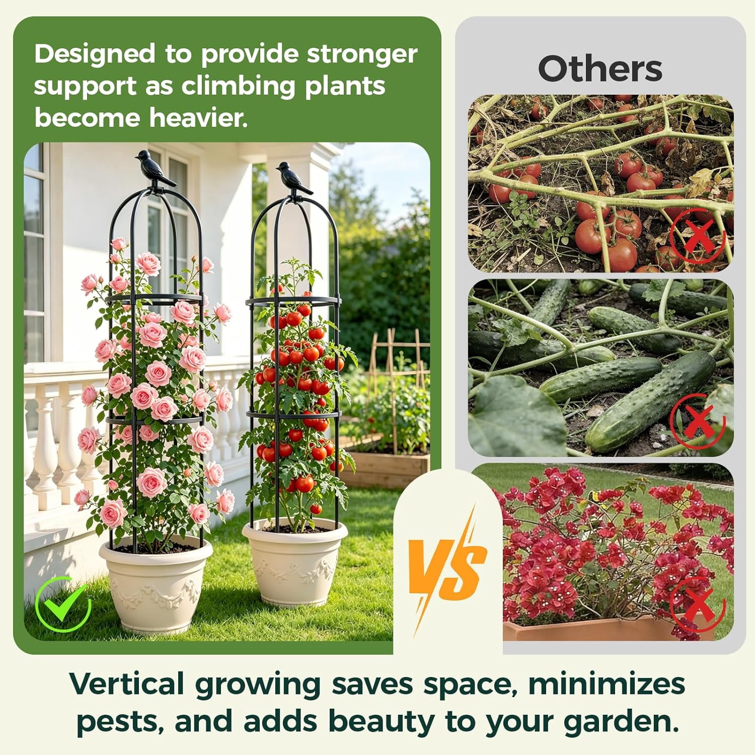 1pcs Garden Obelisk Trellis for Climbing Plants Outdoor, Tomato Cages for Garden, Metal Rustproof Plant Support Trellis for Potted Plants, Rose, Vine, Vegetable for Outdoor & Indoor Use (Black)