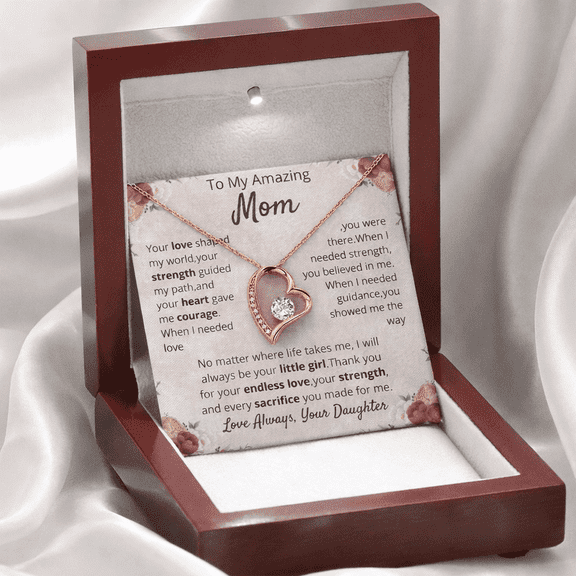 To My Mom Necklace from Daughter – Forever Heart Pendant with Cubic Zirconia – Sentimental Mother Gift Jewelry for Mom Birthday Christmas Mother’s Day Gift
