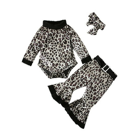

Grianlook Girls Cute Leopard Print Christmas Outfits Bow Tie Solid Color Jumpsuit Top + Flared Pants+Hat Xmas Long Sleeve Romper Set Gray 70cm