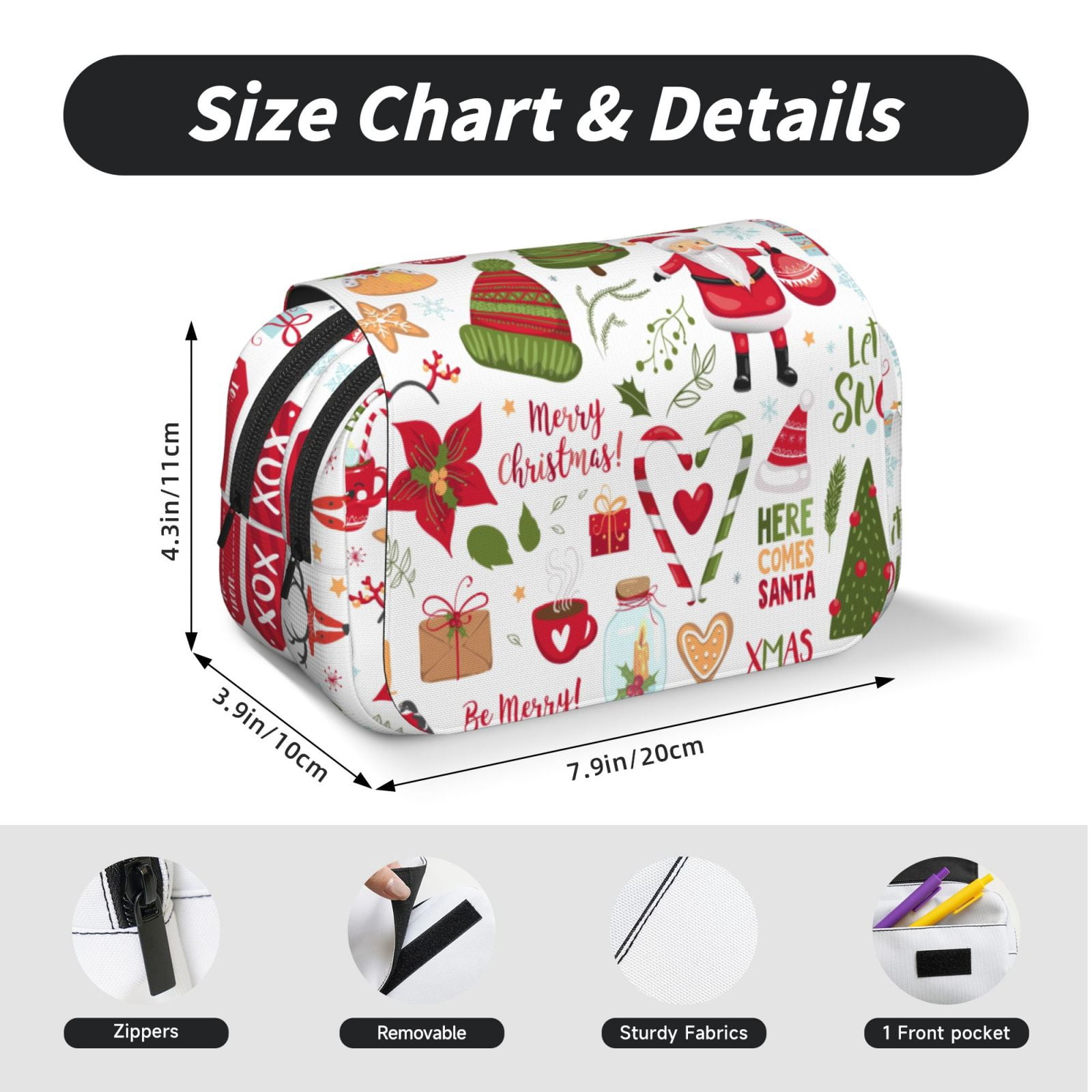 Rateoe Snowflakes Santa Claus Pattern Double Clamshell Pen Case, Storage Organizer with Two Zipper Compartments– Holds Up to 50 Pencils & Pens