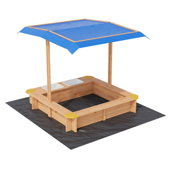 Wooden Sand and Water Table for Kids – Outdoor Sandbox with Lid, Retractable Canopy, 2 Side Buckets, Drainage Liner, UV & Weather Resistant, Adjustable Roof Height – Ages 1-8 – Backyard, Patio, Beach