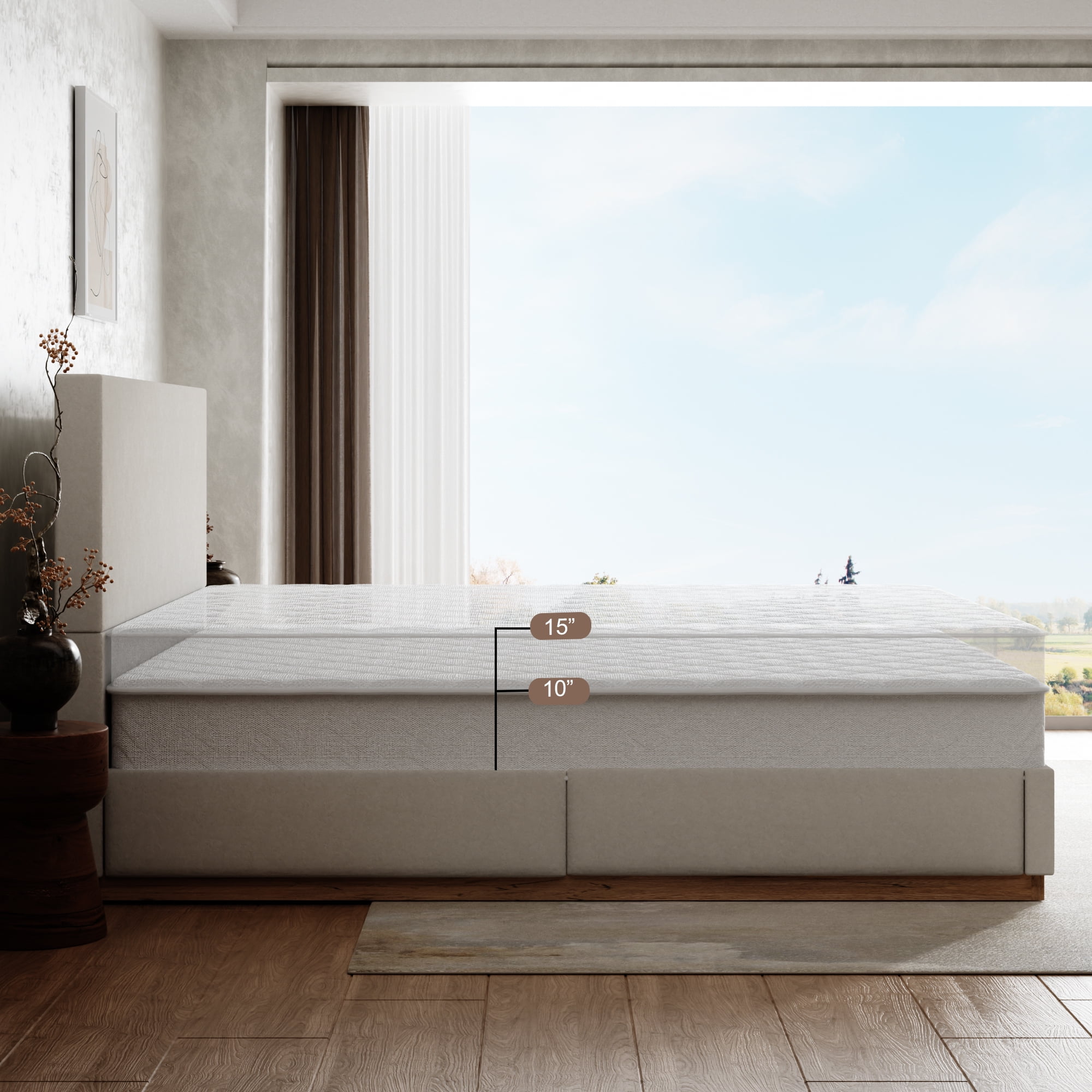 VIPLOV Queen Size Bed Frame with Headboard, Upholstered Bed Frames, with Enclosed Wood Base, Metal Structure & Wood Slats Support,No Noise,Easy Assembly,Beige
