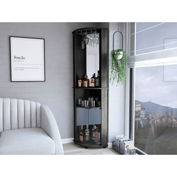 Corner Bar Cabinet For Living Space, Oak Finish, 3 Shelf Unit, Space Saving Concept, 74.4" H X 17.7" W D, Ready To Build, Gray, Engineered Wood Room Cabinet, Color, Shelves, Feature, 74.8 In High,