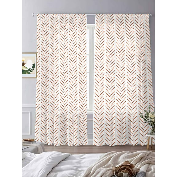 Orange Striped Sheer Curtains 108 inches Long 2 Panels Set Geometric Tiers Sheers Rod Pocket Small Window Short Curtains for Kitchen Cafe, Each 52" W x 108" L