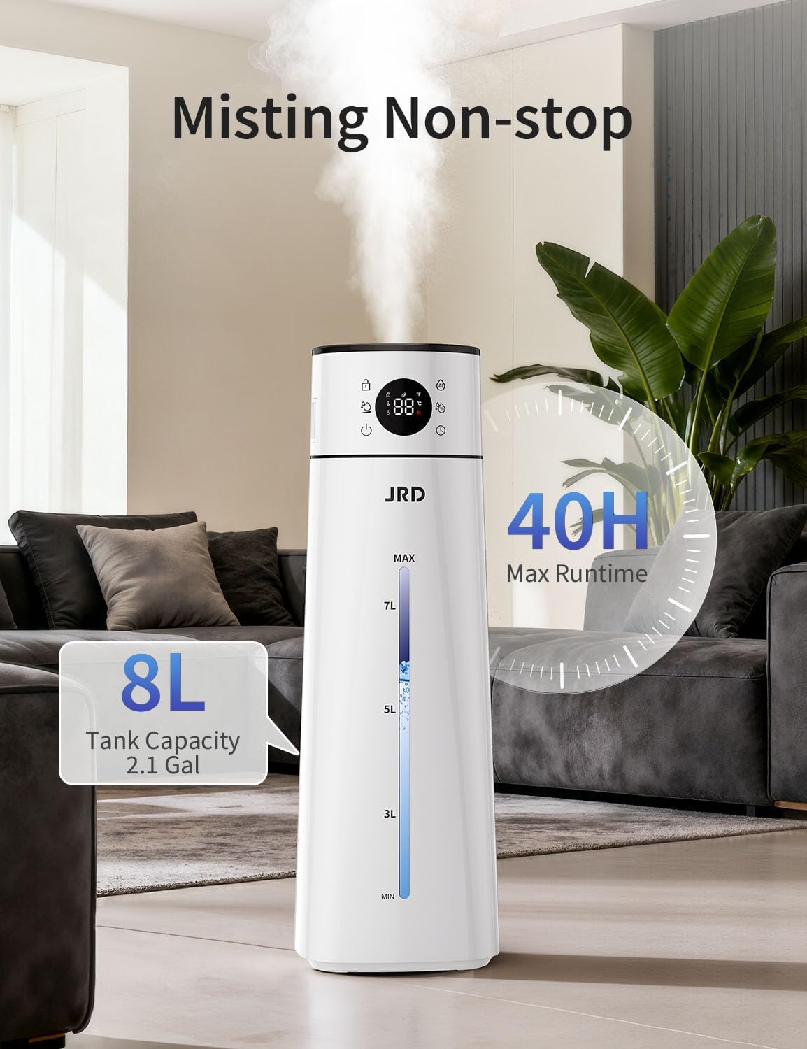 8L/ 2.1Gal Humidifier Large Room, Ultrasonic Cool Mist for Bedroom, Quiet Humidifier with Remote Control, 10 Mist Modes, 24H Timer, 40H Run, AI Mode, Night Light for Home Office Baby Pets-White