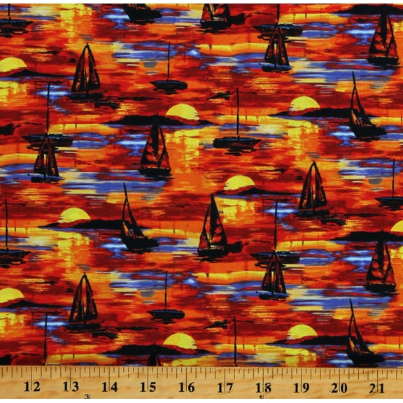 Cotton Portofino Sailboats at Sunset Italy Nautical Multicolor Cotton Fabric Print by the Yard (120-99011)
