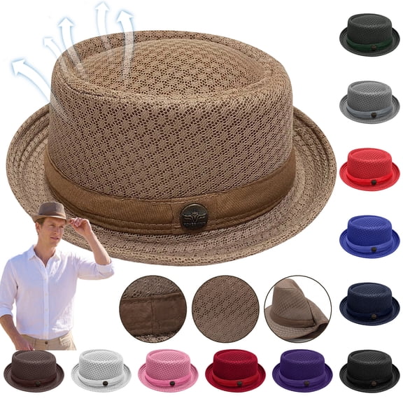 Unisex Summer Breathable Mesh Pork Pie Hat Pork Pie Hats for Men Summer Lightweight Ventilated Straw Fedora with Flat Top Wide Brim for Beach Vacation Outdoor Sun Protection,Gray