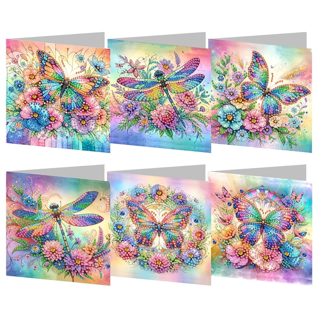 (LY828) Tarjetas Hechas A Mano DIY Con Pintura Diamantes Deseos Diarios Tarjetas Felicitación Tarjetas para Fiestas Navideñas 6 Uds. Mariposas Libélulas Y Flores