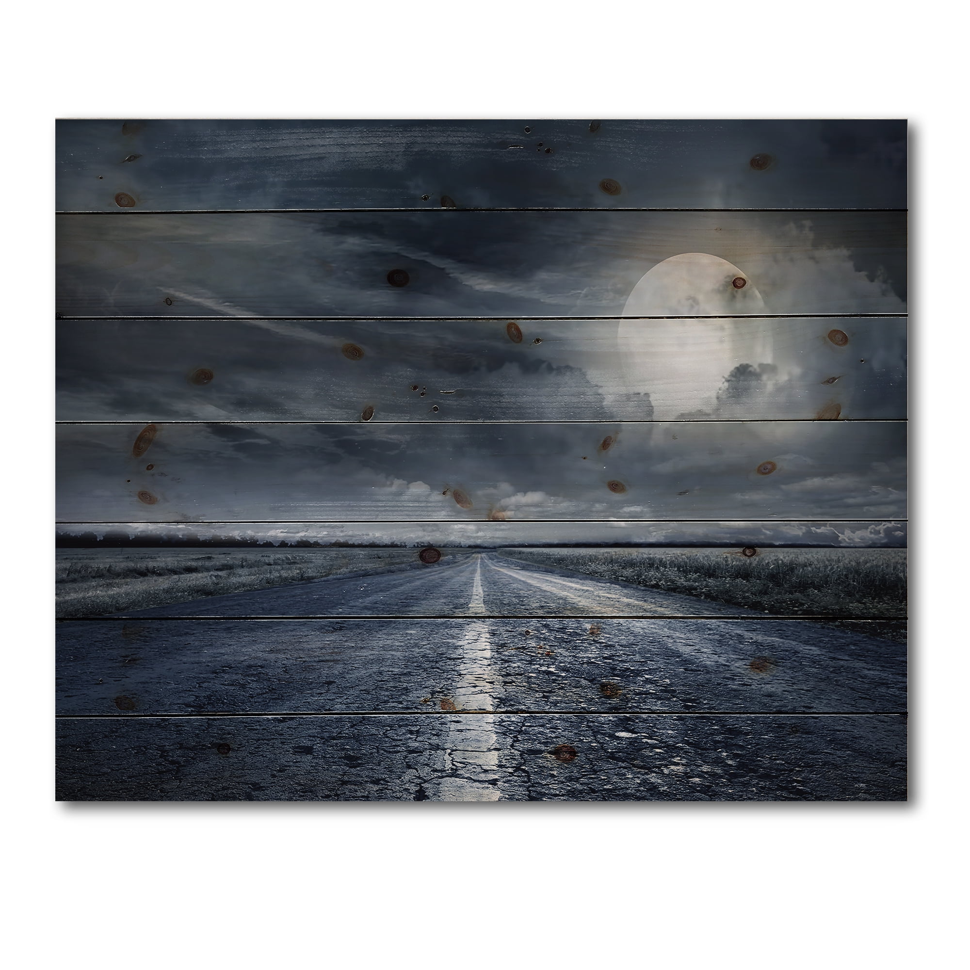 Designart 'Cloudy Full Moon Over Asphalt Road II' Nautical & Coastal Print on Natural Pine Wood