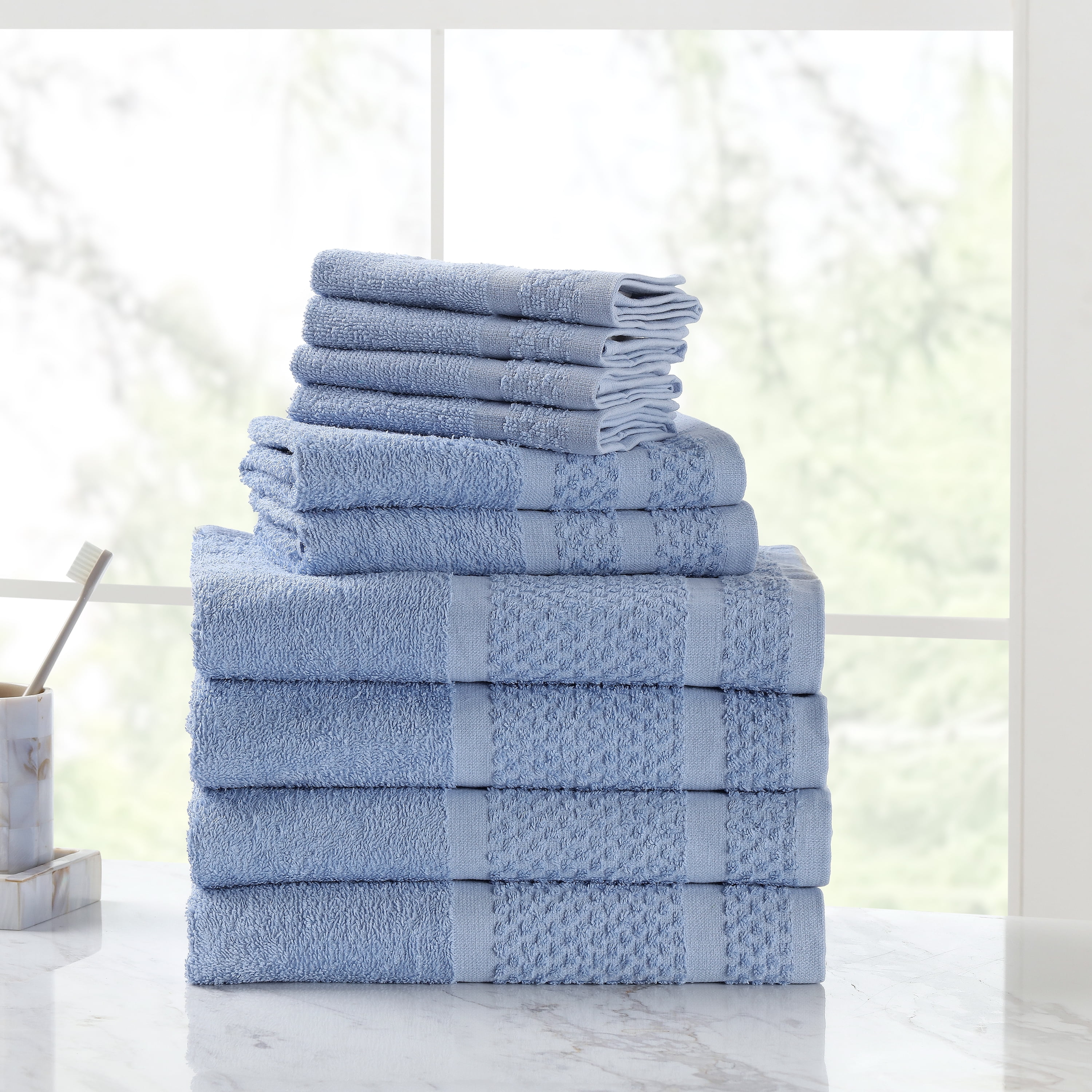 Mainstays 10 Piece Solid Dyed Cotton Bath Towel Set, Office Blue