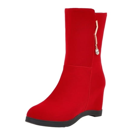 

Fsqjgq Womens Boots Heels Ladies Fashion Solid Solor Suede Metal Decorative Side Zipper Wedge Heel Thick Soled Short Boots Classic Short Boots Red 40