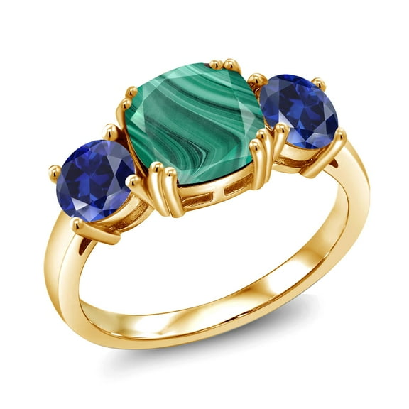 Gem Stone King 18K Yellow Gold Plated Silver Green Malachite and Blue Created Sapphire 3 Stone Engagement Ring for Women (4.20 Cttw, Gemstone, Cushion 8MM, Size 8)