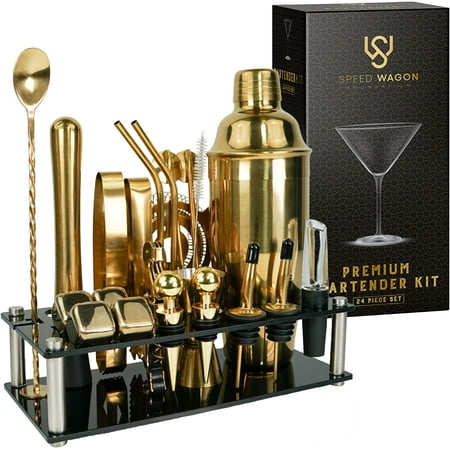

Mixology Bartender Kit – 24 Piece Gold Cocktail Shaker Set w/Stand – Essential Home Bar Accessories Martini Shaker Jigger Muddler Chilling Cubes & More