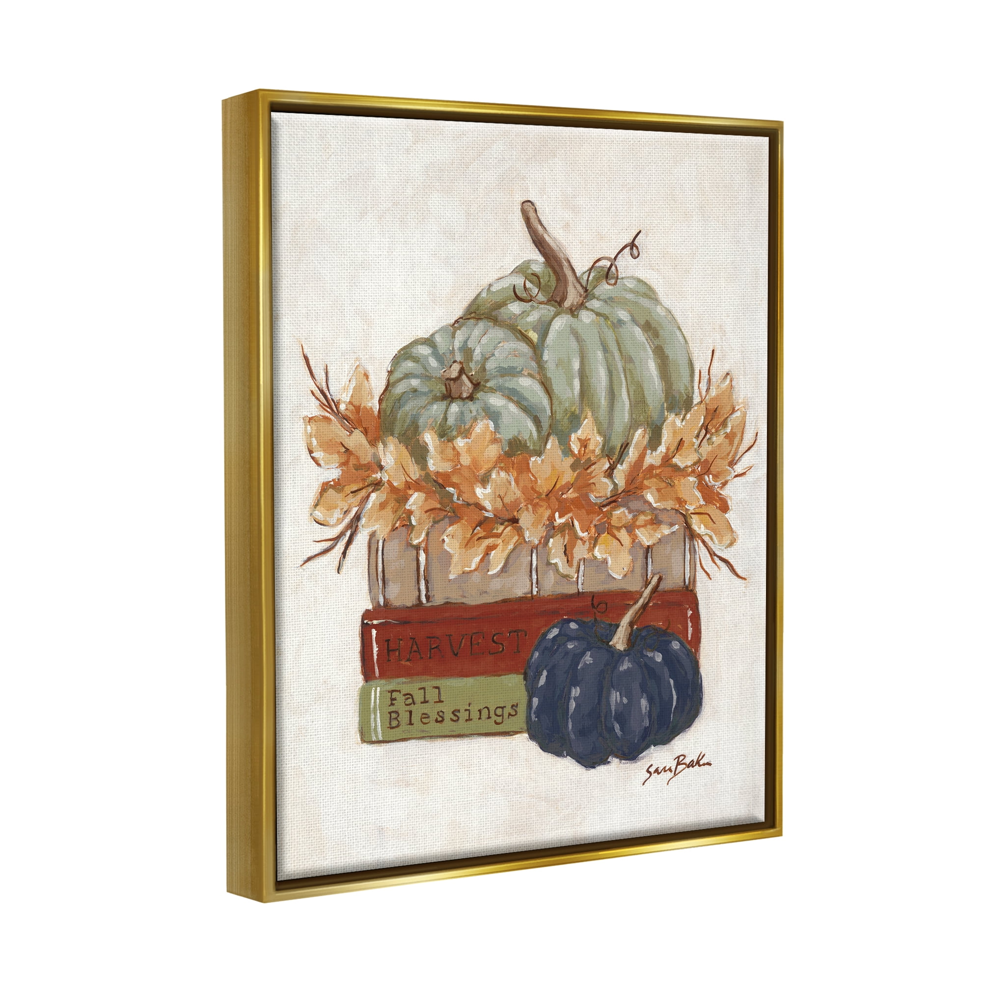 Stupell Industries Fall Blessings Pumpkins Botanical & Floral Painting Gold Floater Framed Art Print Wall Art, 17 x 21