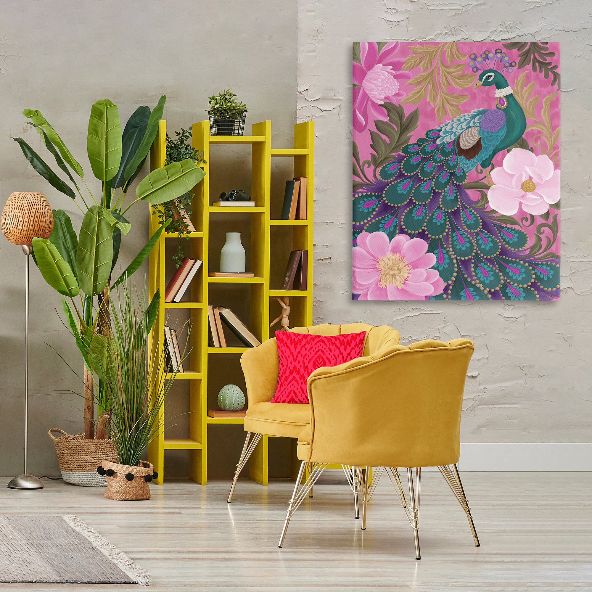 Stupell Industries Peacock & Pink Blossoms Animals & Insects Painting Gallery Wrapped Canvas Art Print Wall Art, 36 x 48
