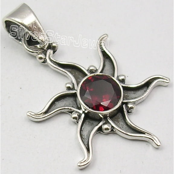 SilverStarJewel 925 Sterling Silver Collectible Round Garnet Oxidized Ethnic Star Pendant 1.4"
