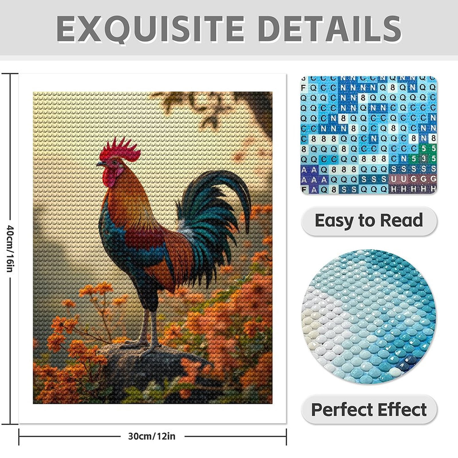 Diamond Art Kit for Adults, Sunrise Rooster On Rock Flowers Diamond Painting for Adults Beginners, 5D DIY Diamond Art Painting Kits, Colorful Diamond Painting Craft for Home Decor 12x16
