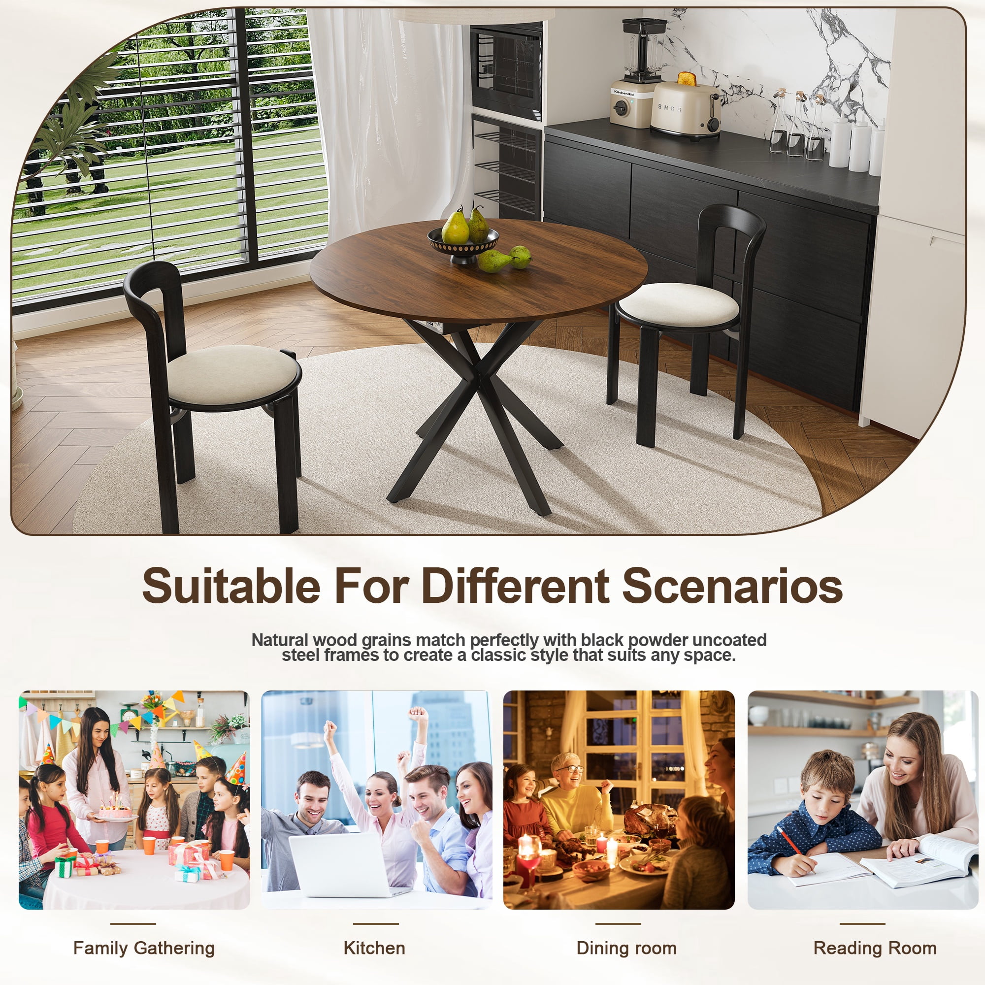 PORKISS 59" Extendable Round Dining Table for 6, Modern Kitchen Table with Carbon Steel Base, Dining Room Table with Thickened Wood Grain Tabletop, Perfect for Small Space, Walnut+Black